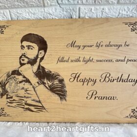 Personalized engraved wooden photo frame with custom portrait and birthday message